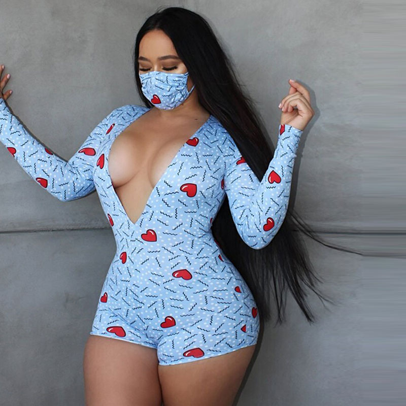 Heartbreaker Plunge Long-Sleeve Printed Romper  Castello Clothing Line   