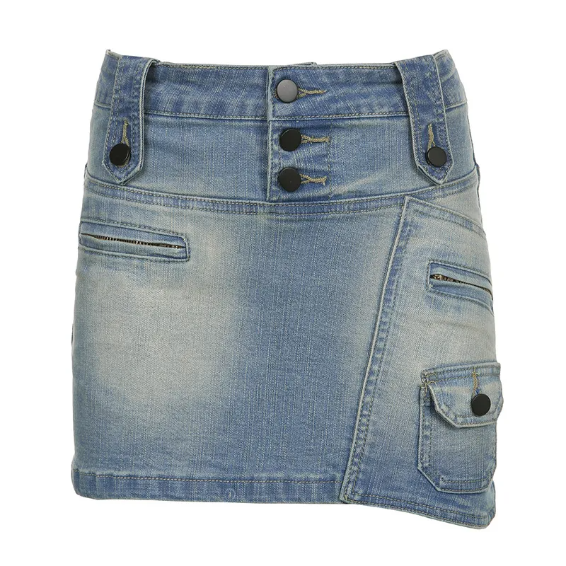 Buckle Up Asymmetrical Denim Mini Skirt  Castello Clothing Line   
