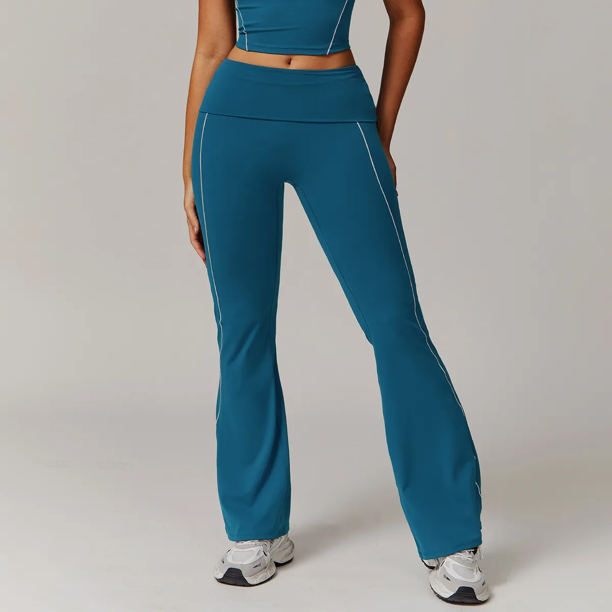 Frenzy Foldover Waist Contrast Stitch Flared Leggings leggings Castello Clothing Line