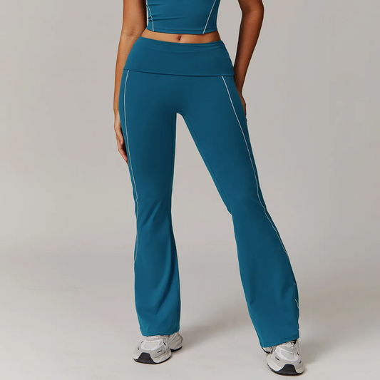 Frenzy Foldover Waist Contrast Stitch Flared Leggings leggings Castello Clothing Line