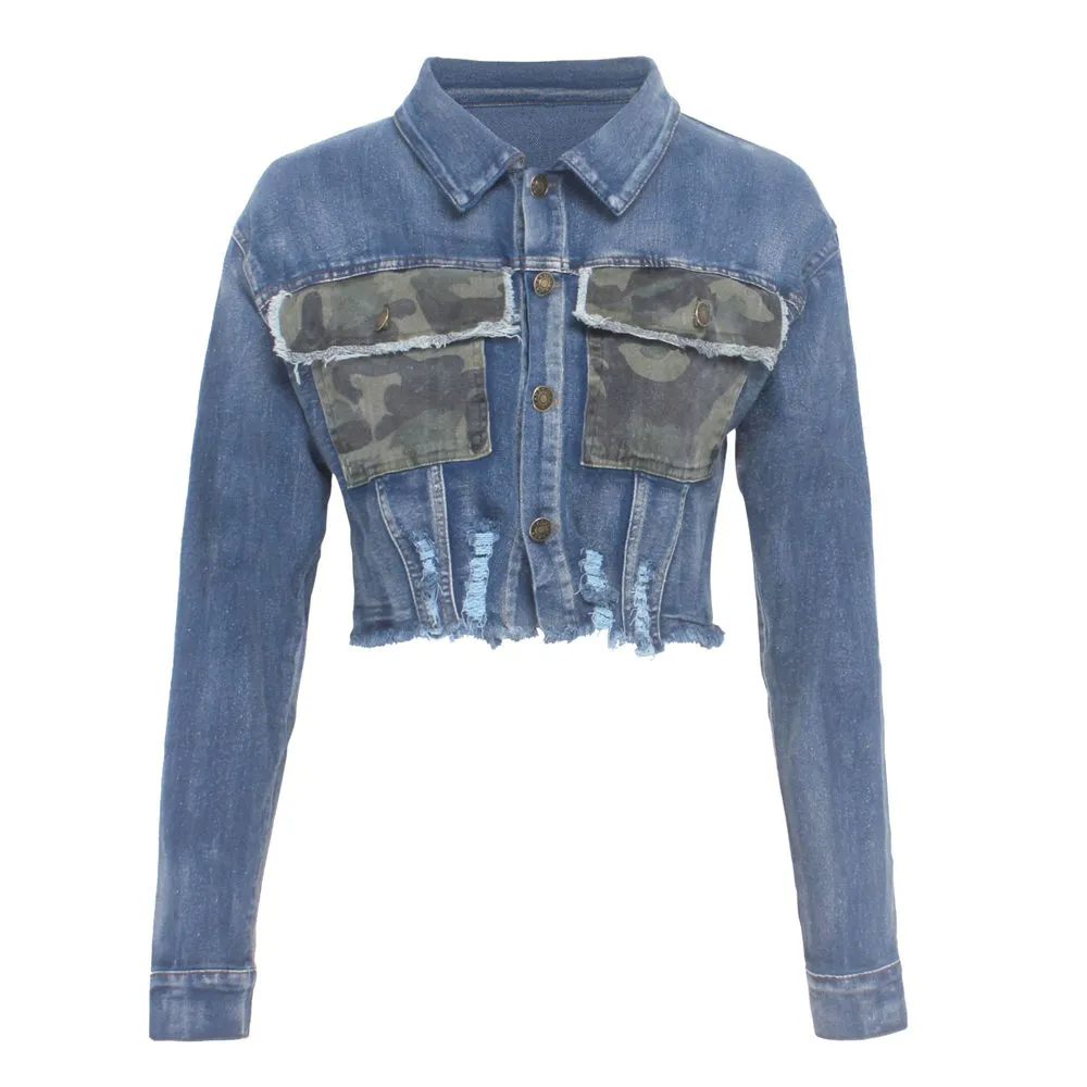 Renegade Camo Pocket Frayed Hem Cropped Denim Jacket Castello Clothing Line