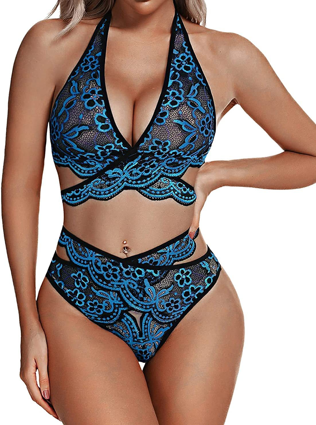 Embroidered Color Block Lace 2-Piece Bra Panty Set  Castello Clothing Line   