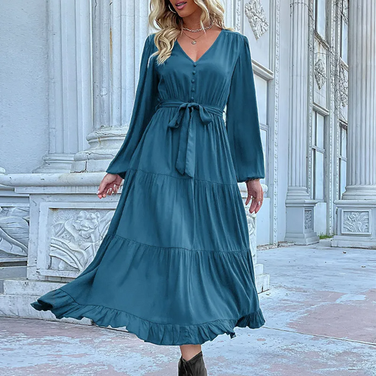 Eliza Button-Down Belted Long Sleeve Tiered Midi Dress midi dress Castello Clothing Line