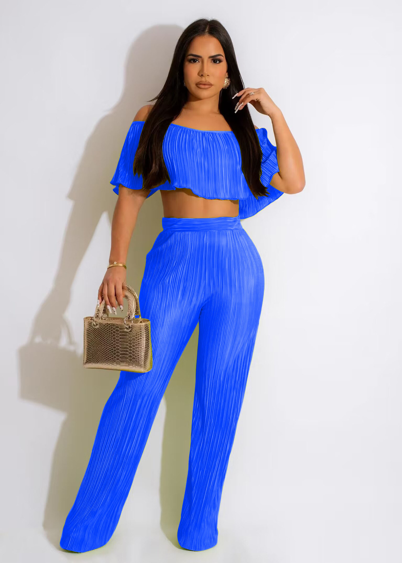 Off Shoulder Ruffled Crop Top & High Waisted Wide Leg Pants Set  Castello Clothing Line   