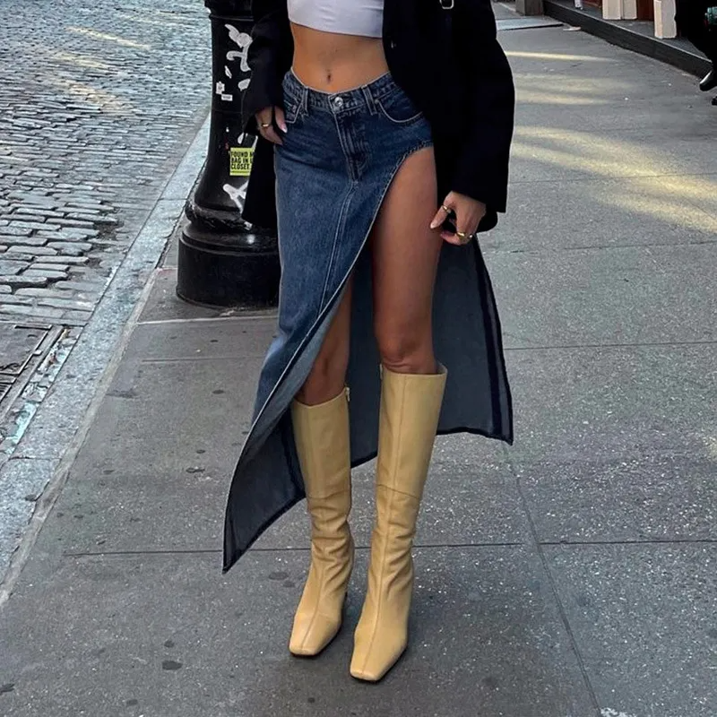 Street Chic High Slit Denim Skirt  Castello Clothing Line   