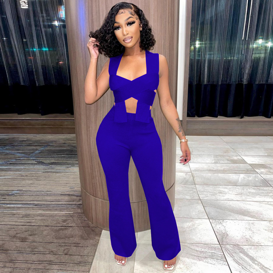 Cutout Bandage Top & High Waist Wide Leg Pants Set  Castello Clothing Line   