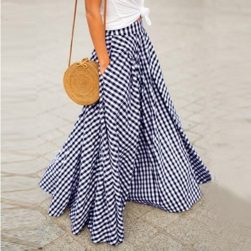 High Waist Plaid Maxi Skirt with Pockets  Castello Clothing Line   