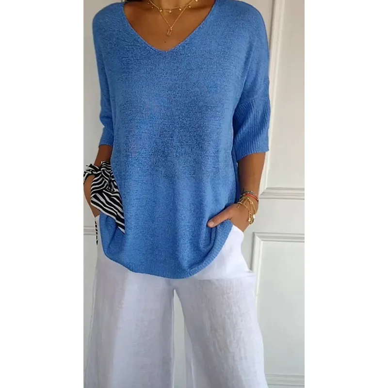 Tango V-Neck Relaxed Knit 3/4 Sleeve Sweater Top Castello Clothing Line