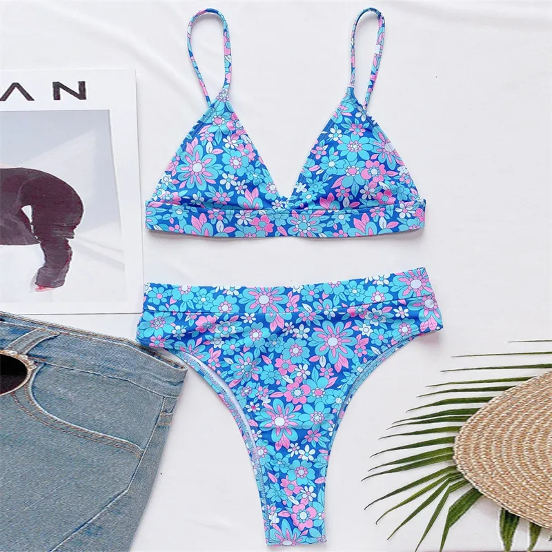 Blissa Floral Print High Waist Triangle Bikini Set Castello Clothing Line