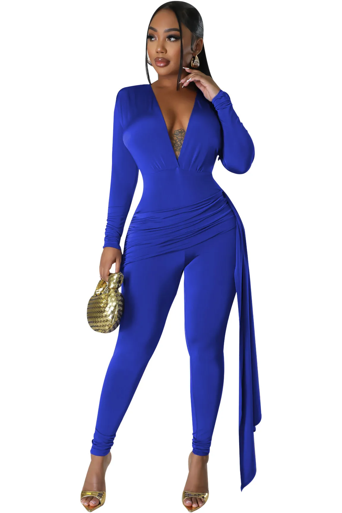 Jinx Long Sleeve Deep V-Neck Ruched Bodycon Jumpsuit women jumpsuits Castello Clothing Line
