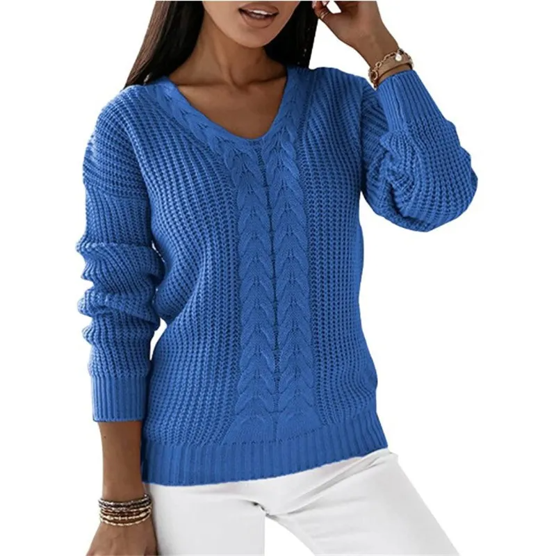 Rise V-Neck Cable Knit Long Sleeve Sweater Castello Clothing Line