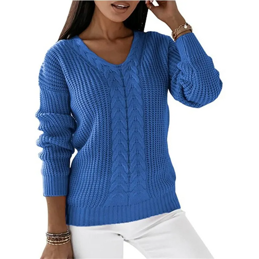 Rise V-Neck Cable Knit Long Sleeve Sweater Castello Clothing Line