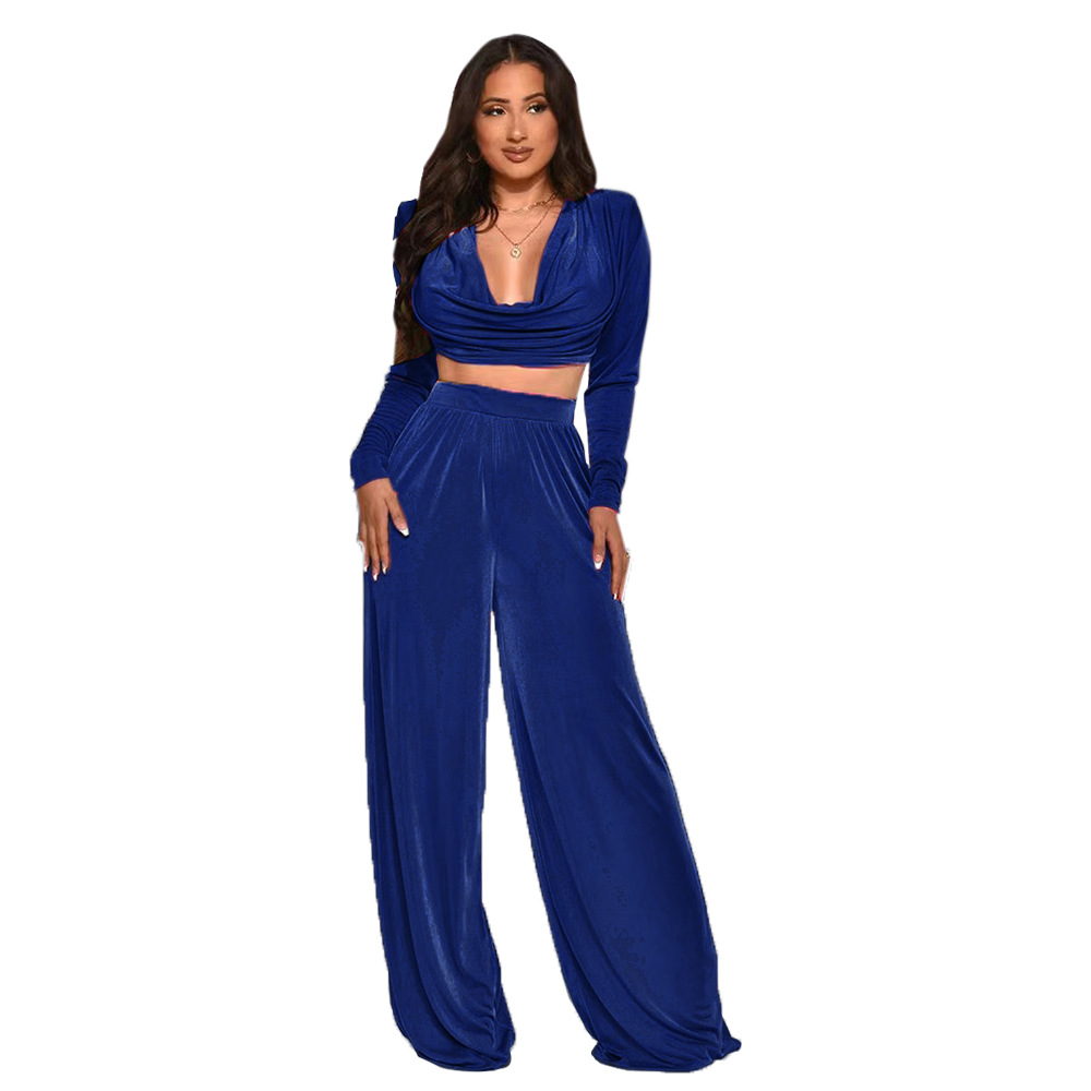Cowl Neck Lace-Up Back Crop Top & High-Waist Wide-Leg Pants Set  Castello Clothing Line   