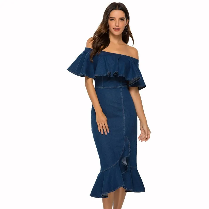 Clare Off-Shoulder Ruffle Denim Midi Dress Castello Clothing Line