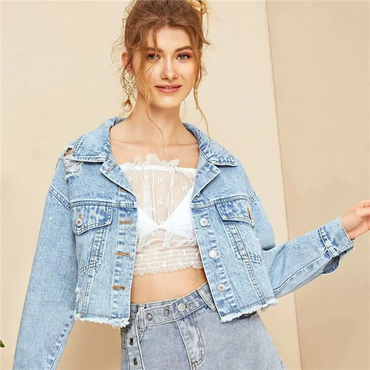 Rapture Distressed Cropped Button-Up Denim Jacket Castello Clothing Line