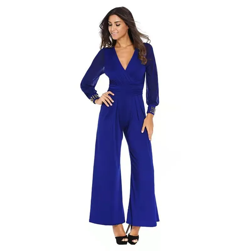 Aaliyah Sheer Sleeve V-Neck Pleated Wide-Leg Jumpsuit women jumpsuits Castello Clothing Line