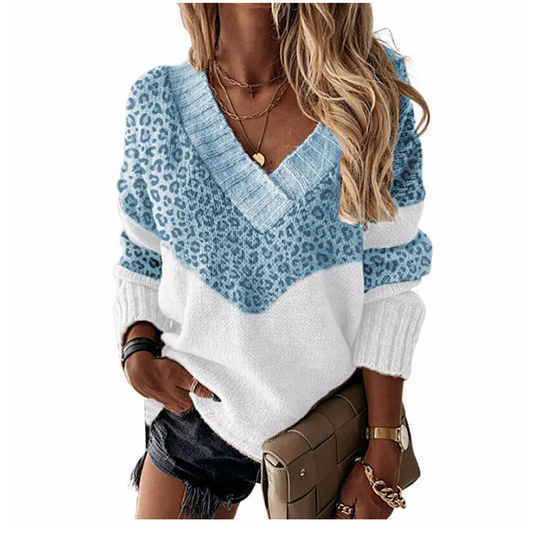 Roar V-Neck Leopard Print Long Sleeve Knit Sweater Castello Clothing Line