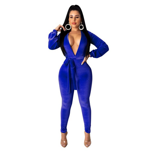 Kora Long Sleeve Plunge Velvet Cutout Bodycon Jumpsuit women jumpsuits Castello Clothing Line