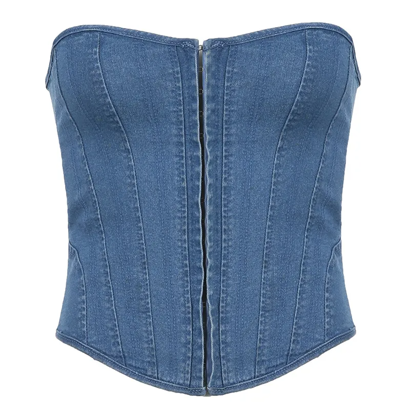 DareTo Strapless Boned Denim Corset Top Castello Clothing Line