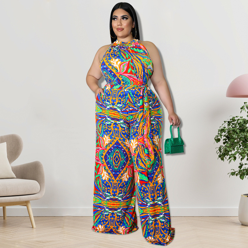 Mariah Sleeveless Printed Halter Tie Waist Wide Leg Jumpsuit women jumpsuits Castello Clothing Line
