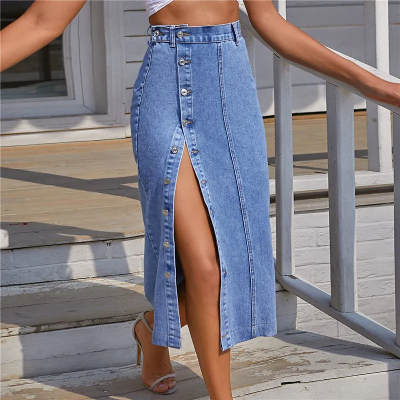 Button Up & Go Slit Denim Midi Skirt  Castello Clothing Line   
