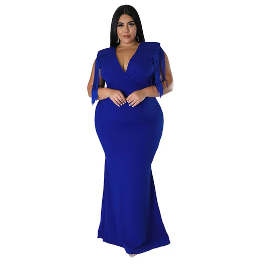 Zadie Plus Size Fringe Sleeve Plunging Trumpet Maxi Dress maxi dress Castello Clothing Line