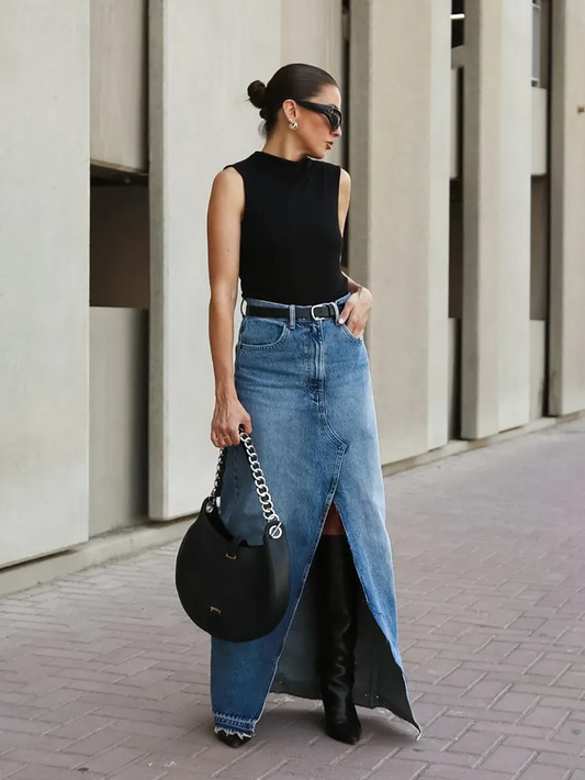 City Slay Front Slit Maxi Denim Skirt  Castello Clothing Line   