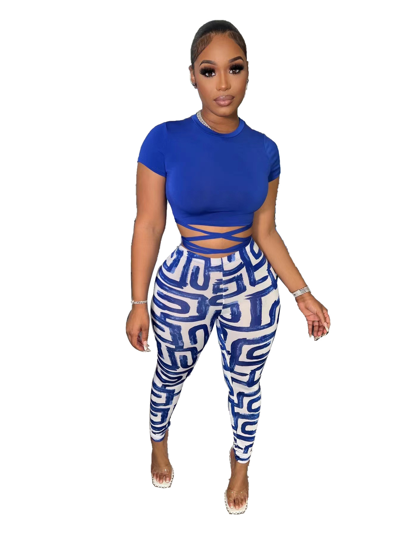 Saucy High-Waist Print Leggings & Wrap Crop Top Set Castello Clothing Line
