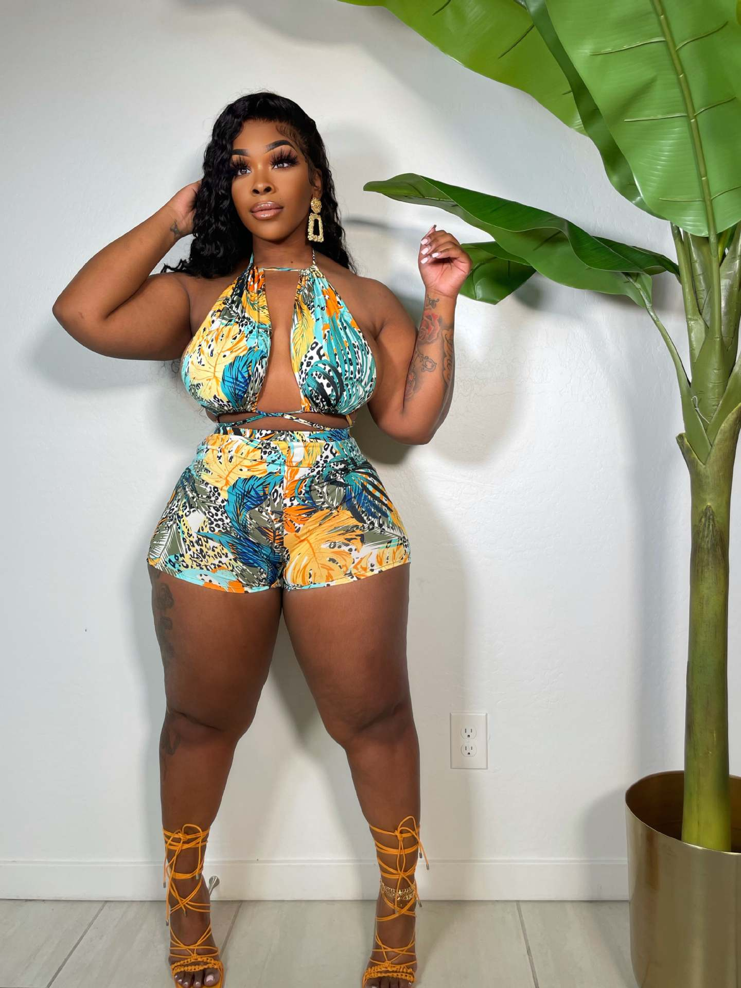 Paradise Tropical Halter Top & High-Waist Shorts Set  Castello Clothing Line   