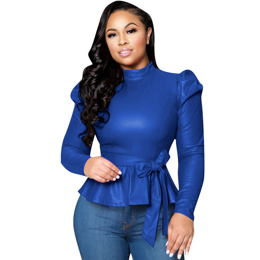 Envy Faux Leather Puff Sleeve Tie-Waist Peplum Top Castello Clothing Line