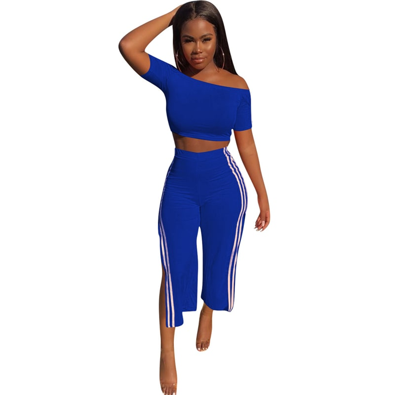 Off Shoulder Color Block Crop Top and High Waist Side Slit Pants Set  Castello Clothing Line   