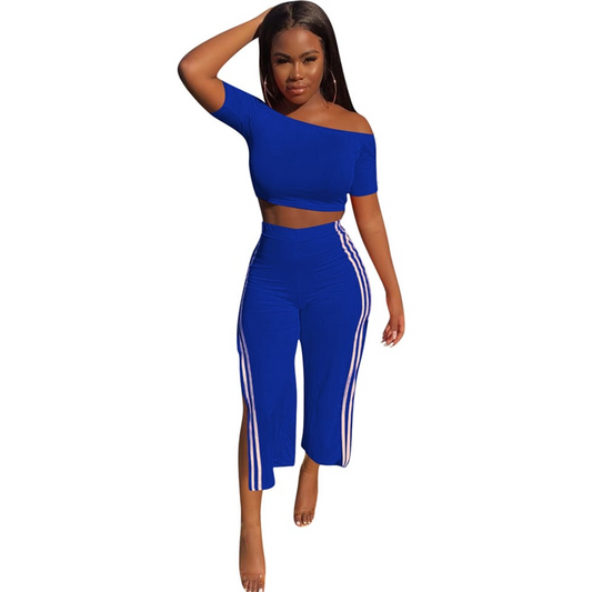 Off Shoulder Color Block Crop Top and High Waist Side Slit Pants Set  Castello Clothing Line   