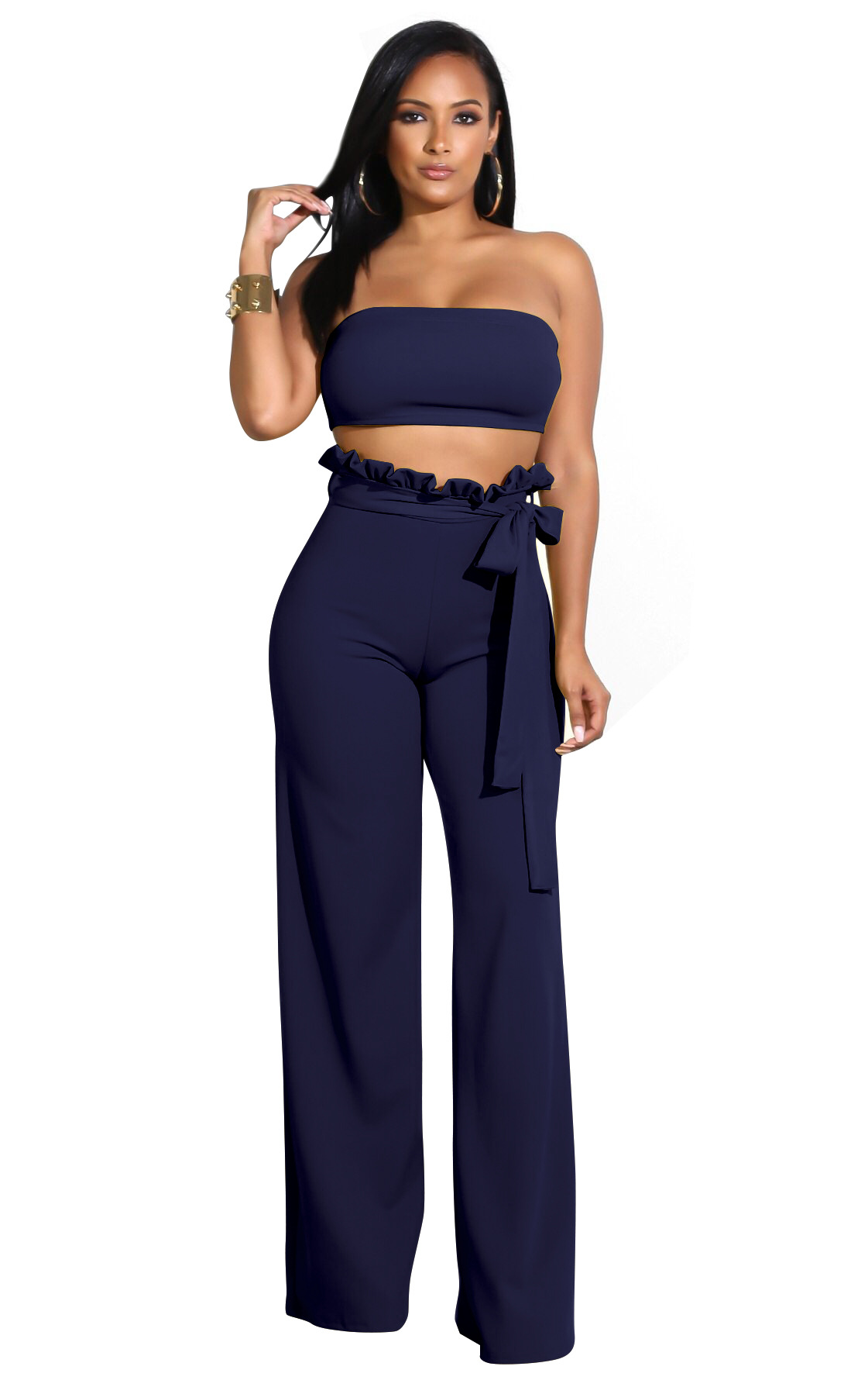 Bandeau Top & Ruffle High-Waist Wide-Leg Pant Set  Castello Clothing Line   