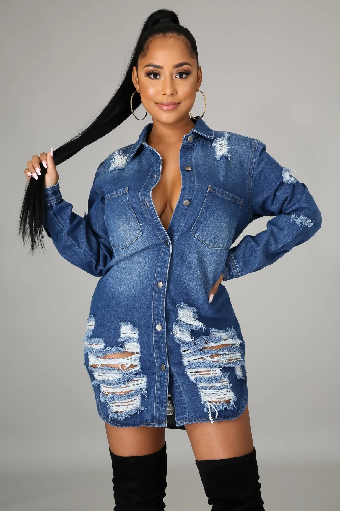 Siren Distressed Long Sleeve Button-Up Denim Jacket Castello Clothing Line