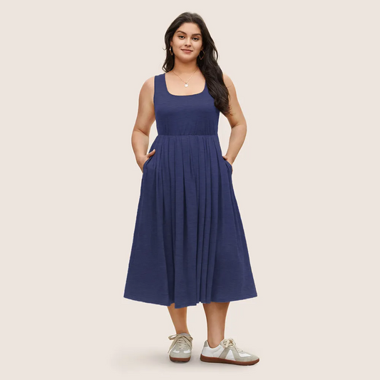 Kai Sleeveless Scoop Neck Pleated Midi Dress Castello Clothing Line