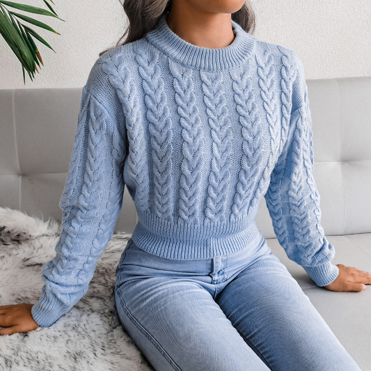 Fuse Cable Knit Cropped Long Sleeve Sweater Castello Clothing Line