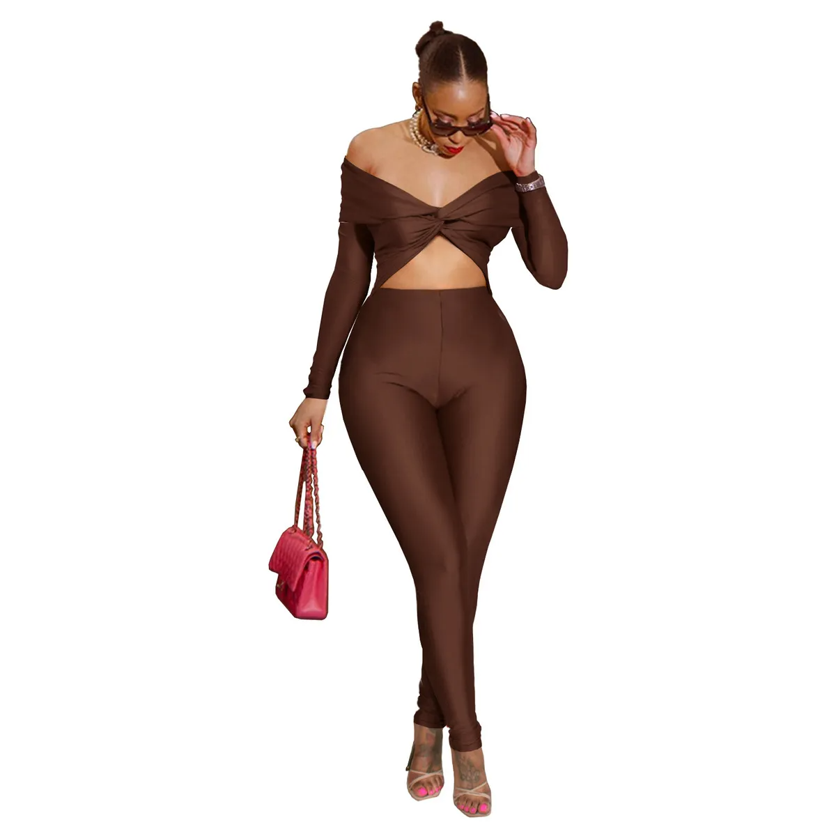 Raina Off-Shoulder Twist Front Long Sleeve Bodycon Jumpsuit women jumpsuits Castello Clothing Line
