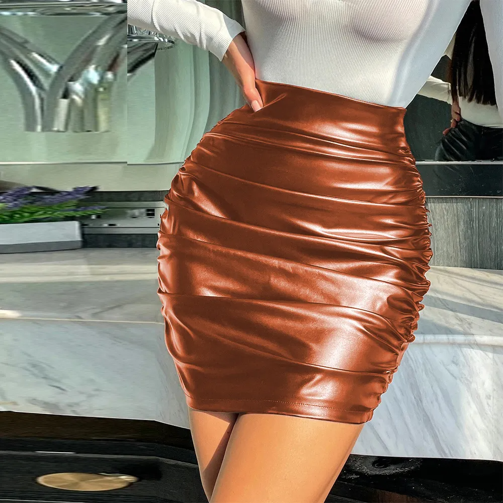 High Waist Ruched Leather Mini Skirt  Castello Clothing Line   