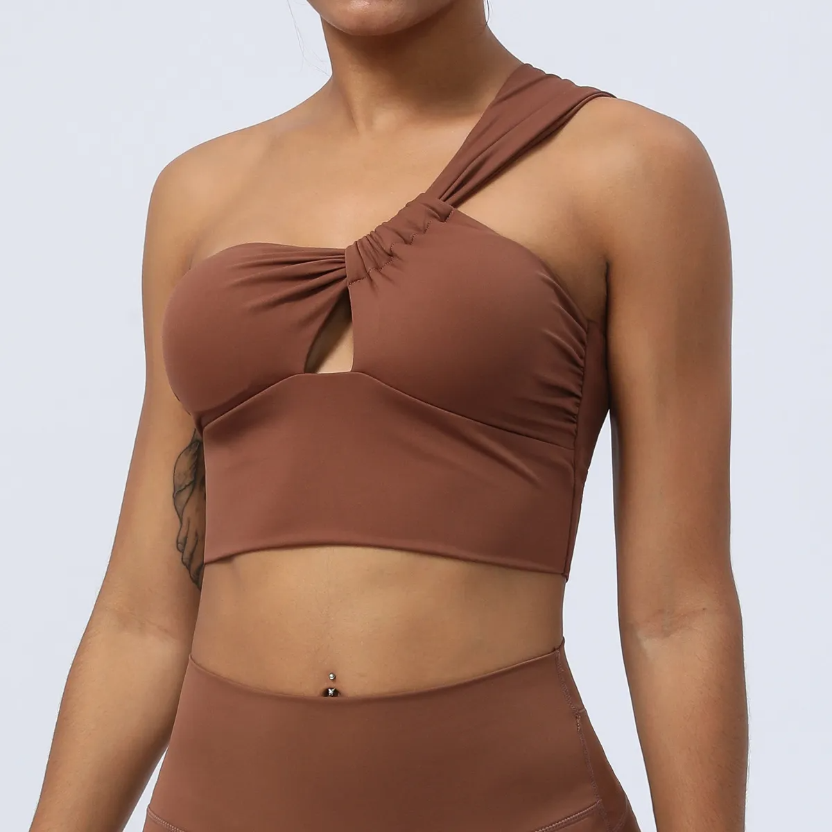 Trix One-Shoulder Ruched Cutout Cropped Workout Top sports top & bras Castello Clothing Line