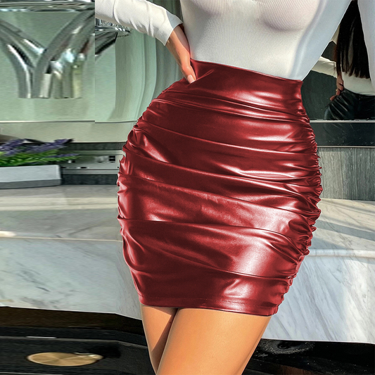 High Waist Ruched Leather Mini Skirt  Castello Clothing Line   