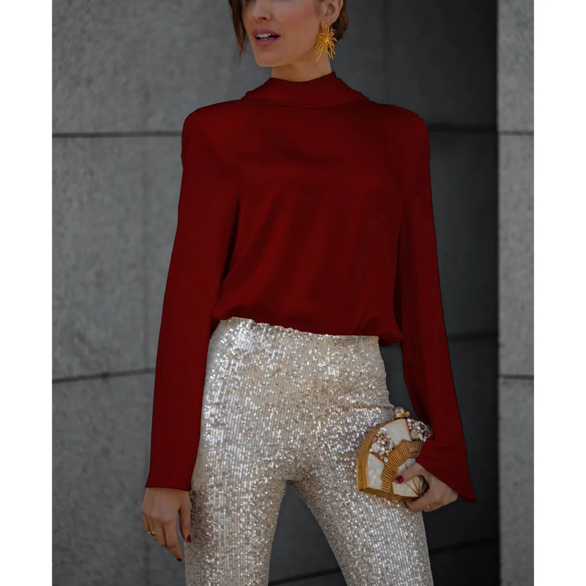 Sleek Escape High Neck Draped Back Long Sleeve Blouse Castello Clothing Line