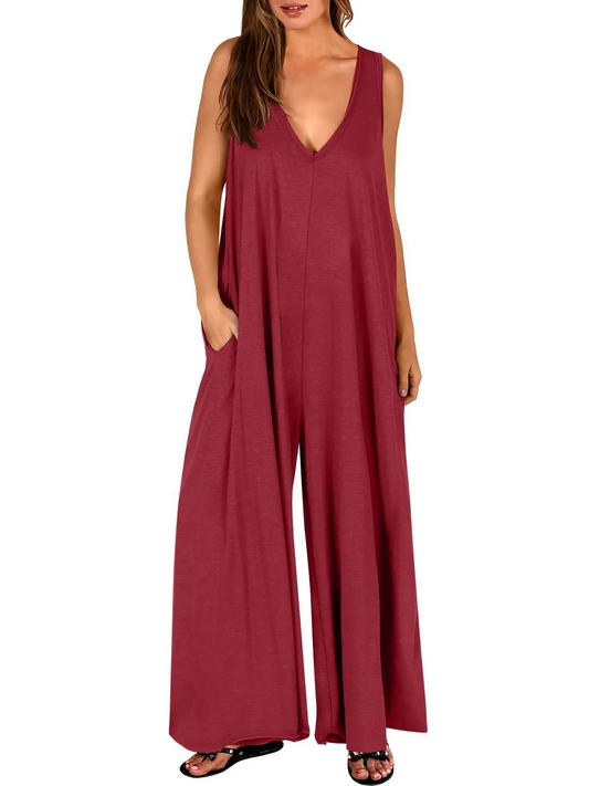 Hannah Sleeveless Deep V-Neck Oversized Wide Leg Jumpsuit women jumpsuits Castello Clothing Line