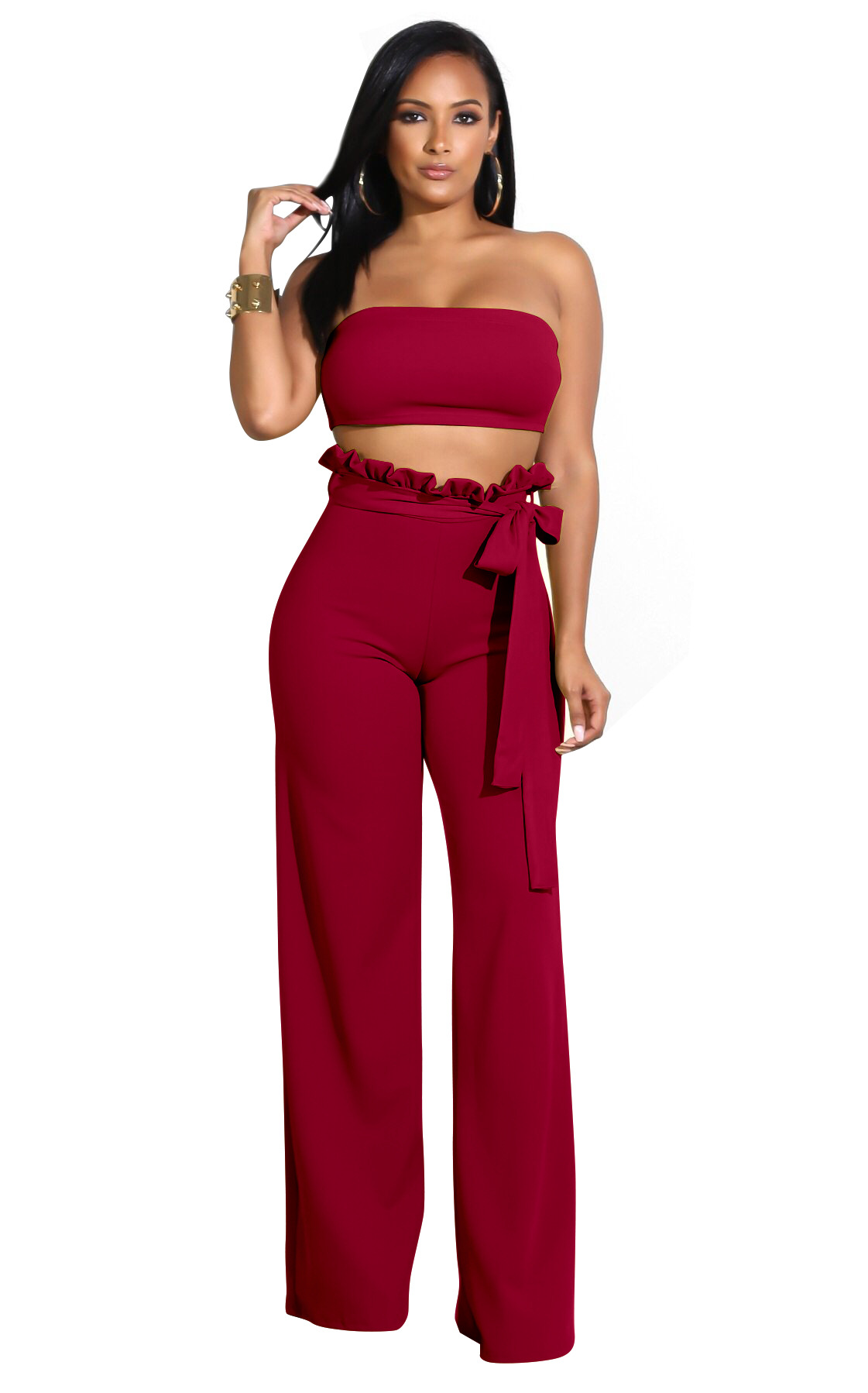 Bandeau Top & Ruffle High-Waist Wide-Leg Pant Set  Castello Clothing Line   
