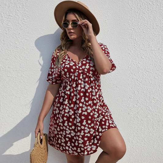 Dahlia V-Neck Floral Empire Waist Plus Size Mini Dress Castello Clothing Line