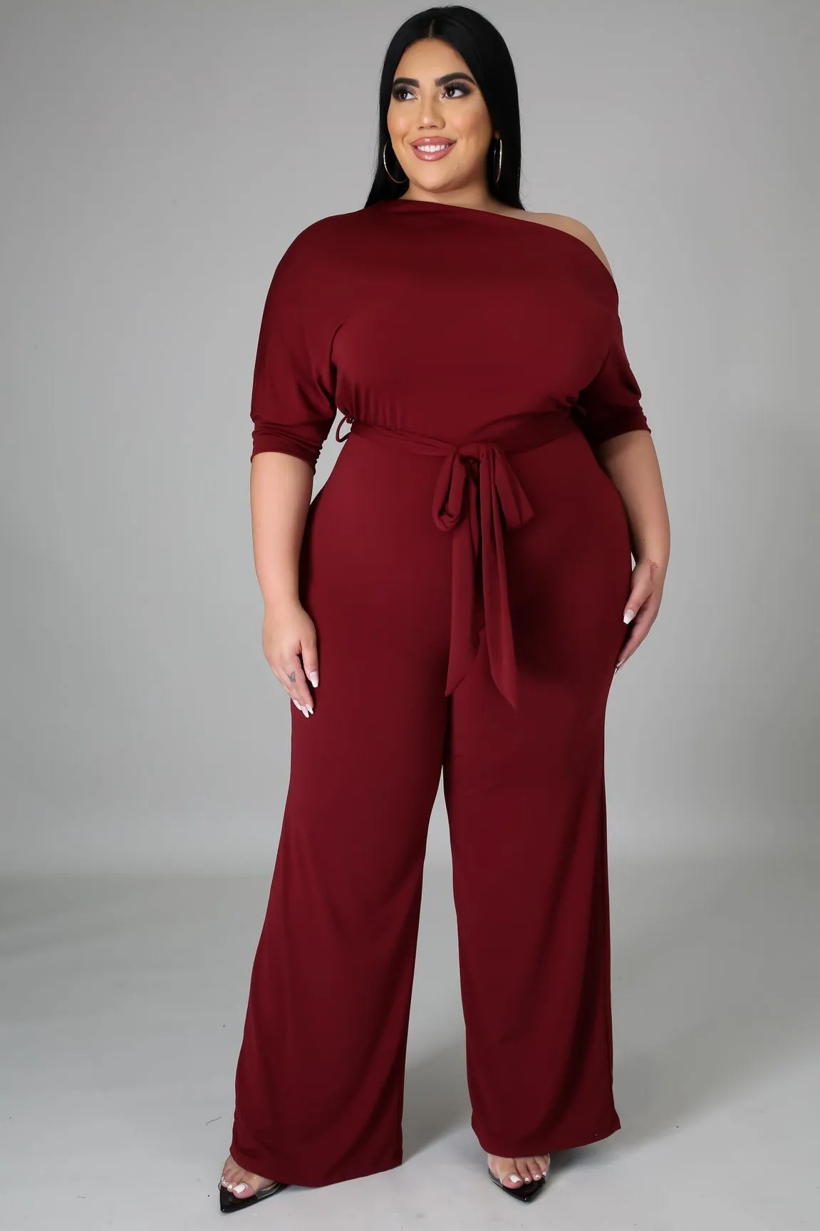 Abigail Plus Size Off-Shoulder Belted Wide-Leg Jumpsuit women jumpsuits Castello Clothing Line