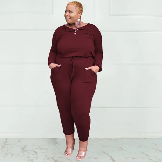 Renee Plus Size Long Sleeve Henley Jogger Jumpsuit women jumpsuits Castello Clothing Line
