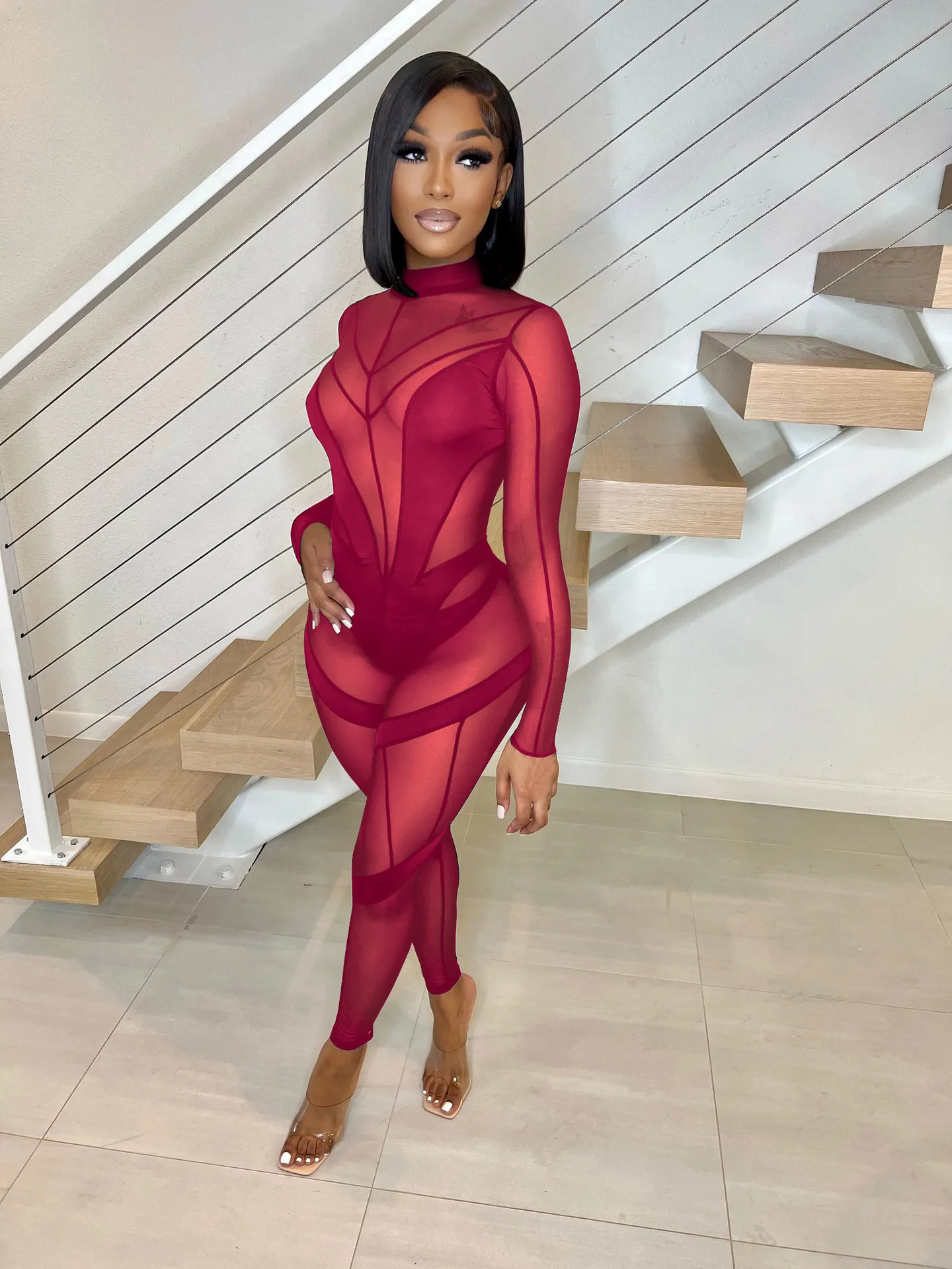Siena Long Sleeve Sheer Mesh Panel Bodycon Jumpsuit women jumpsuits Castello Clothing Line