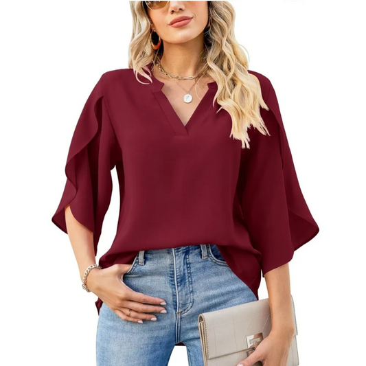Pizzazz V-Neck Split 3/4 Sleeve Flowy Blouse Castello Clothing Line