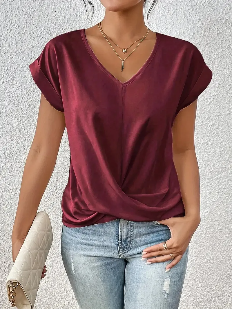 Glint V-Neck Short Sleeve Draped Wrap Top Castello Clothing Line