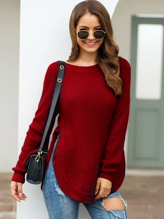 Glimpse Side Slit Long Sleeve Knit Tunic Sweater Castello Clothing Line